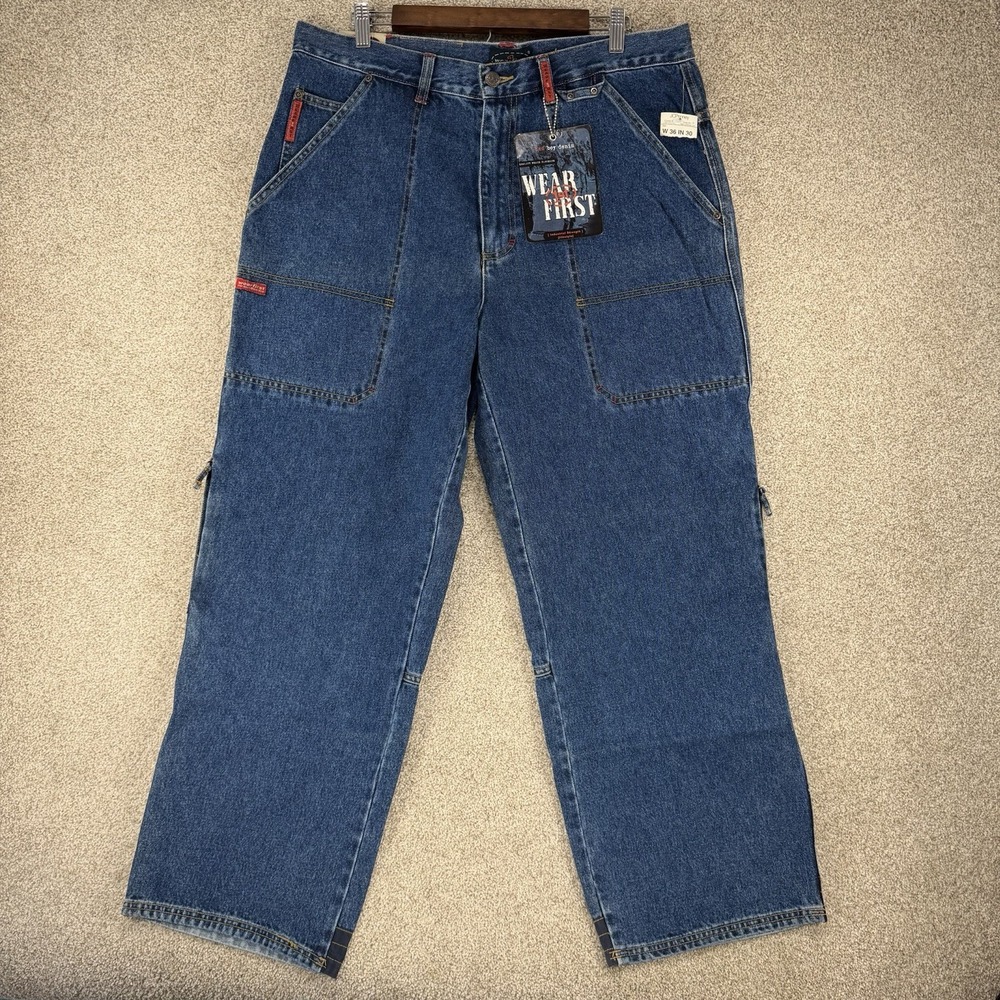 New Wearfirst‎ VTG Y2K Cargo Jeans 36x30 Baggy Streetwear Skater Knee Zippers